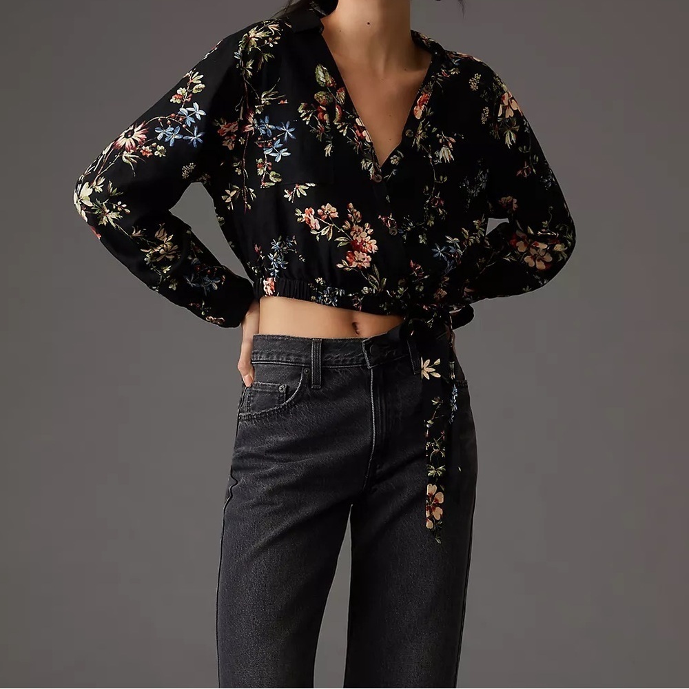 Anthropologie Pilcro Cropped Waist-Tie Linen Blend Blouse Cropped Top Size Small
